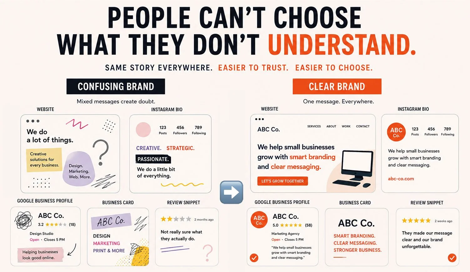 Comparison of confusing brand messaging on the left with clear brand messaging on the right, illustrating the difference between mixed messages and consistent, straightforward branding.