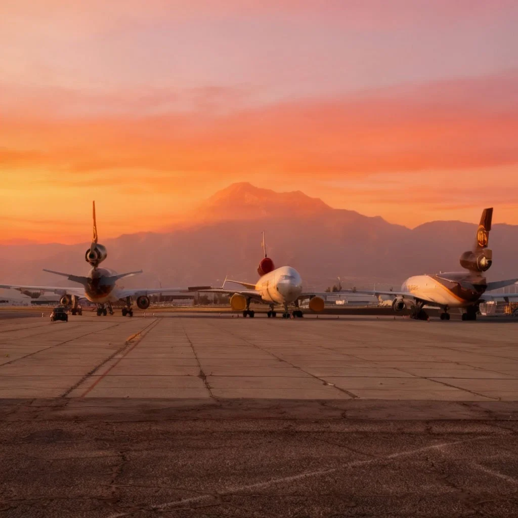 Three airplanes parked on an airport tarmac during a colorful sunset with mountains in the background.