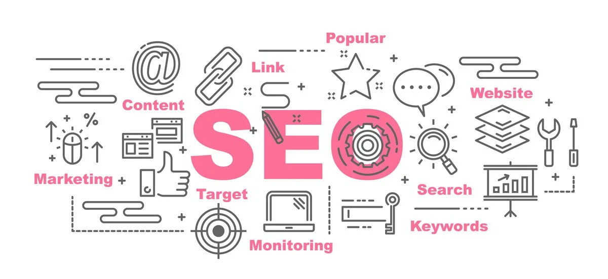 Illustration showing the word “SEO” surrounded by icons and keywords like marketing, content, website, search, target, and keywords. Represents digital marketing, search optimization, and website growth services by Moxie Creative Solutions