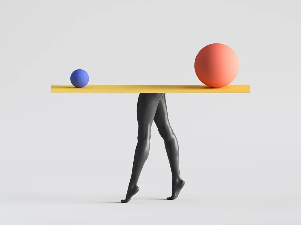An abstract 3D render of a balance scale with different sized spheres, representing the weighing of messaging clarity against core business foundations like demand and delivery.
