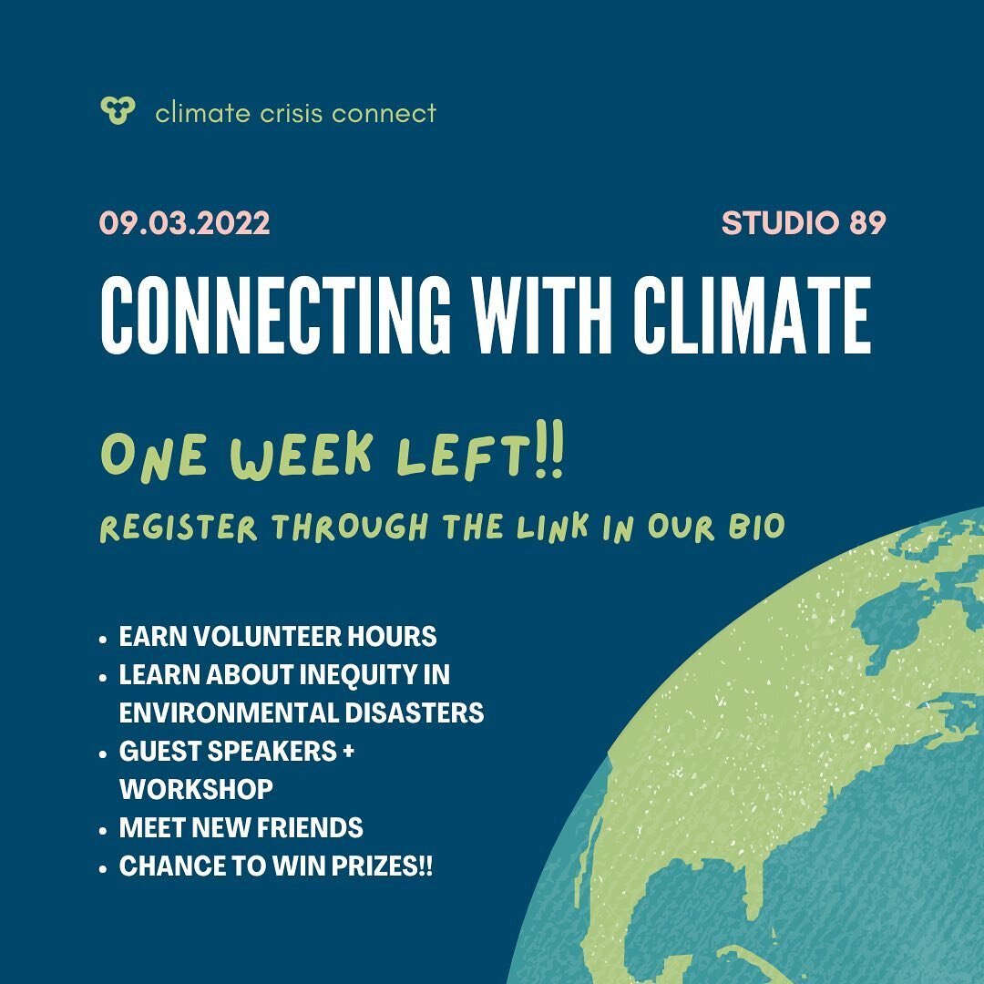 🌎 LAST WEEK TO REGISTER FOR CONNECTING WITH CLIMATE 🌎 

Last chance for all high school students to register for Connecting with Climate! Earn volunteer hours, meet new people and win prizes!

Connecting with Climate is our first in-person event so