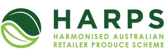 Harps logo with green leaf design and text stating 'HArps: Harmonised Australian Retailer Produce Scheme'.