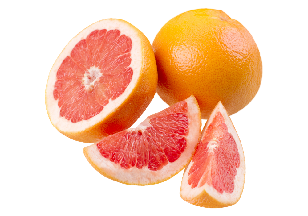 A whole orange and a halved grapefruit with three grapefruit wedges on a white background.