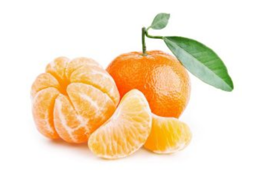 Whole orange with green leaves, peeled orange segments, and a single orange segment on a white background.