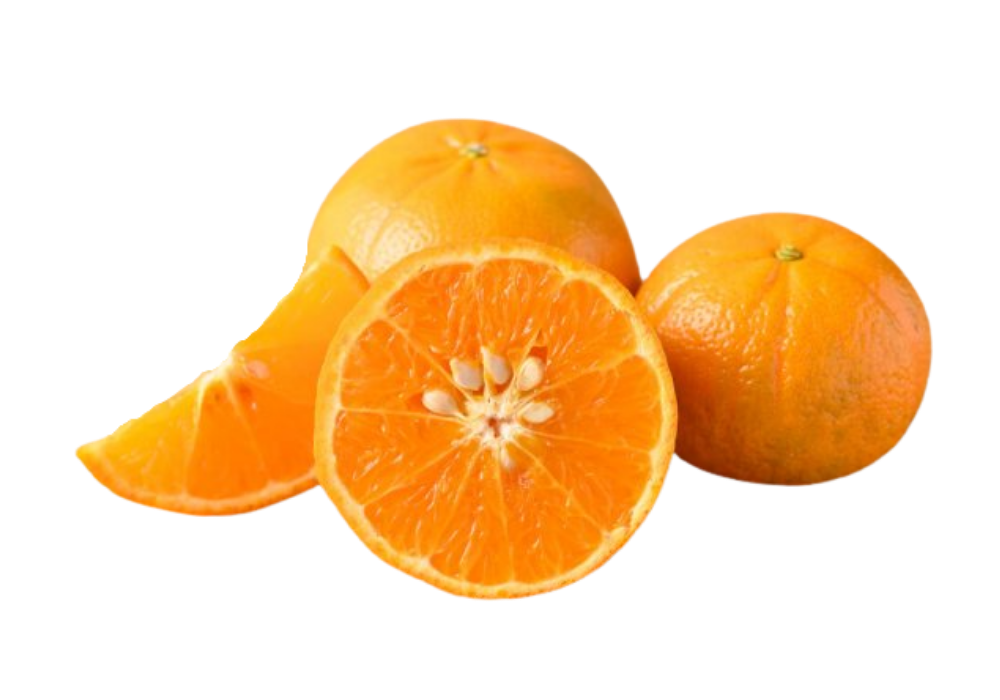 A group of oranges, including a whole orange, a cut orange showing the inside, and an orange wedge.