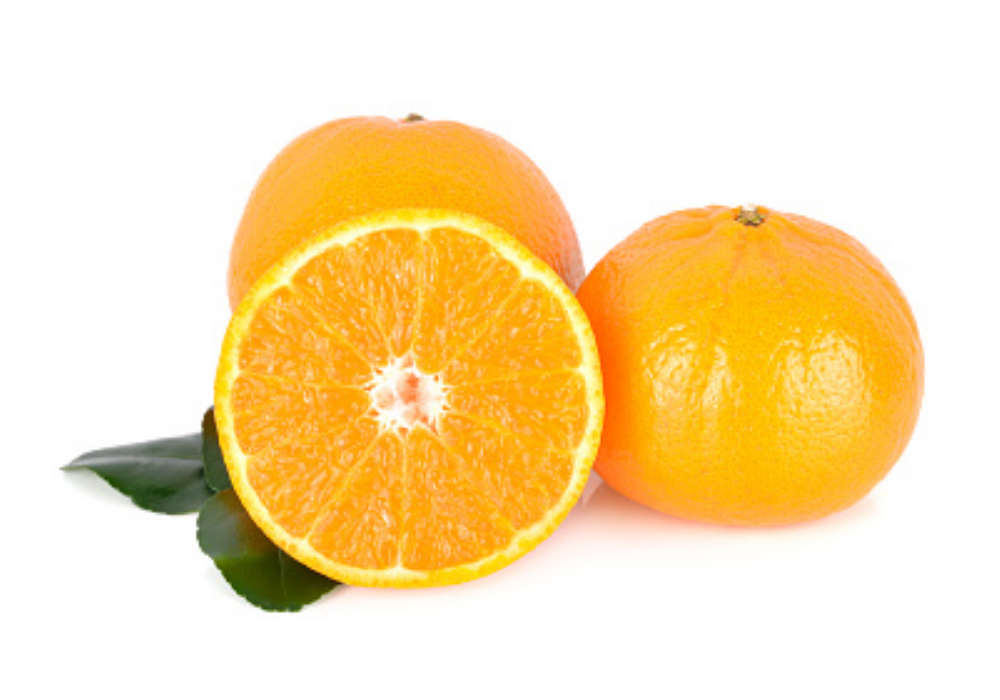 Two whole oranges and one orange half with green leaves on white background.
