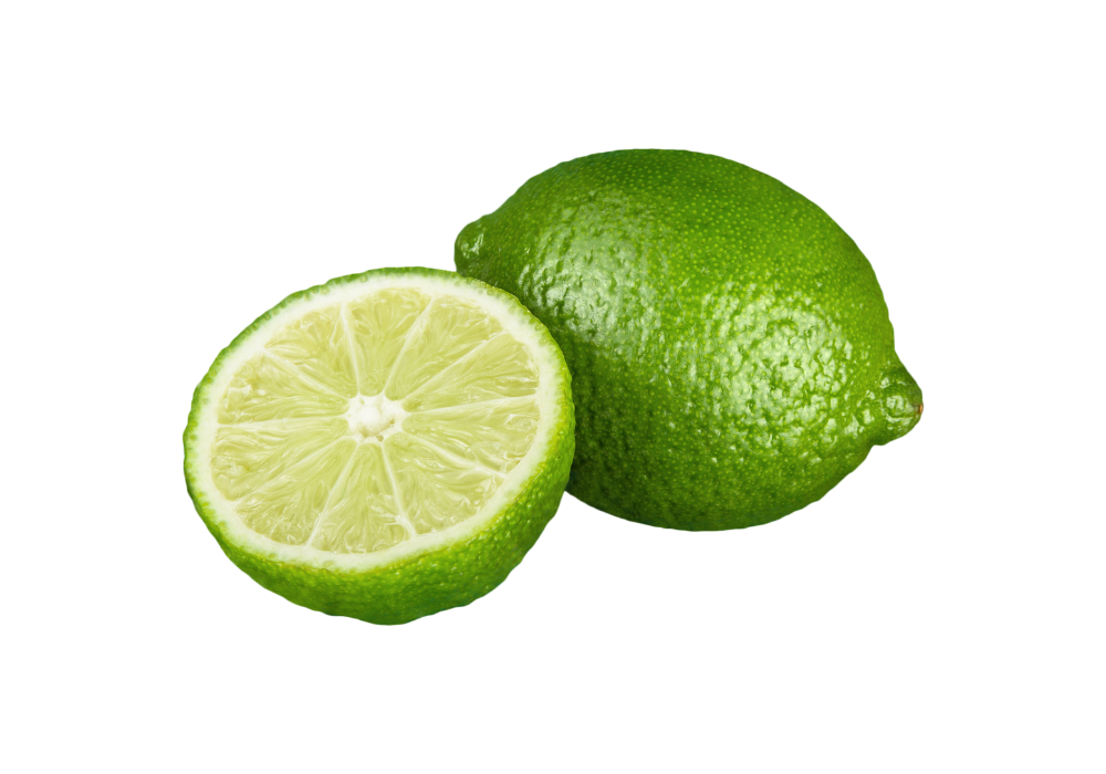 A whole lime and a halved lime showing the interior and juicy segments.