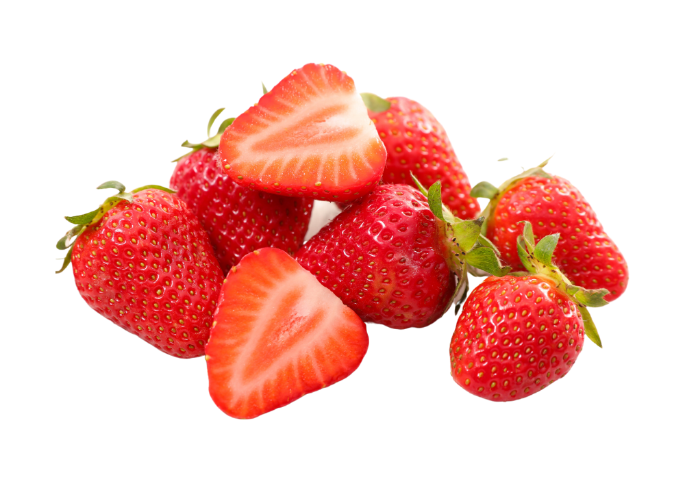 Fresh strawberries, some whole and some sliced in half.