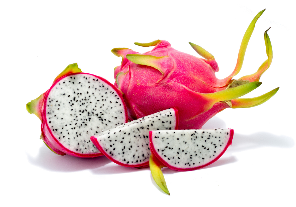 Fresh dragon fruit with pink skin and white flesh speckled with tiny black seeds, shown whole and sliced on a white background.