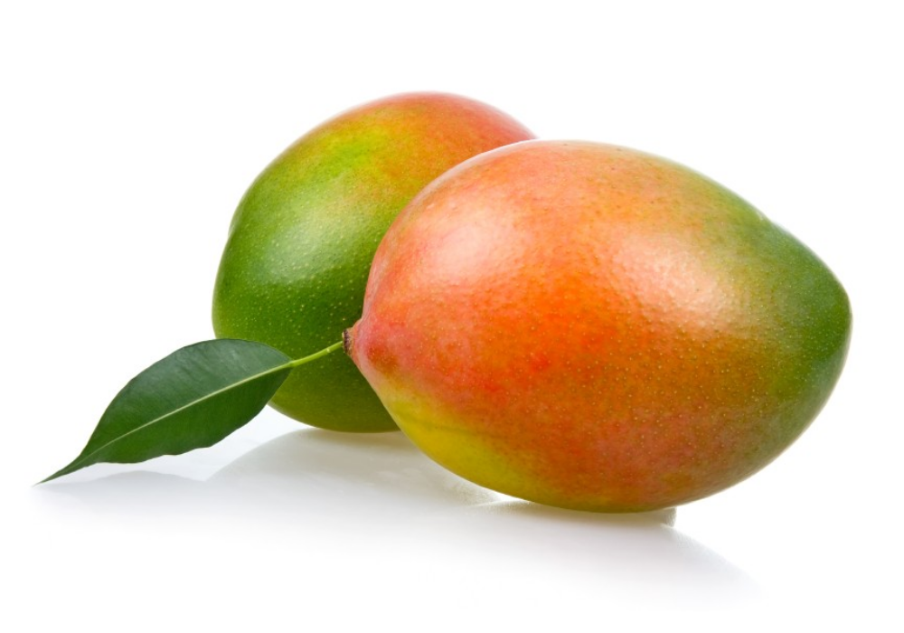 Two ripe mangoes, one with a leaf, on a white background.