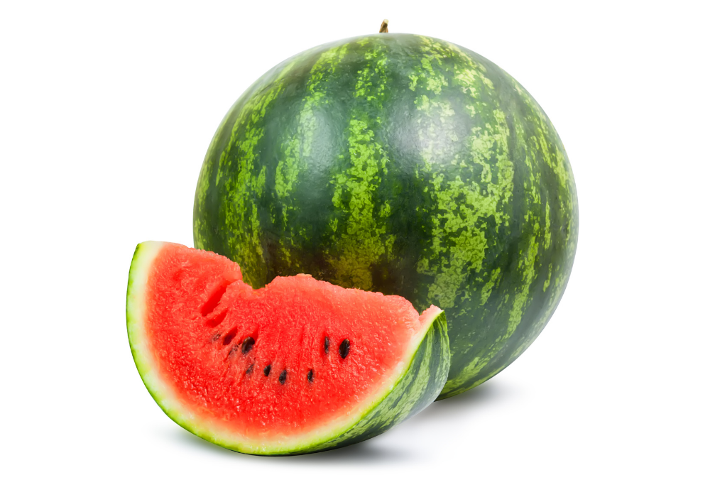 Whole watermelon and a slice of watermelon with red flesh and black seeds on a white background.