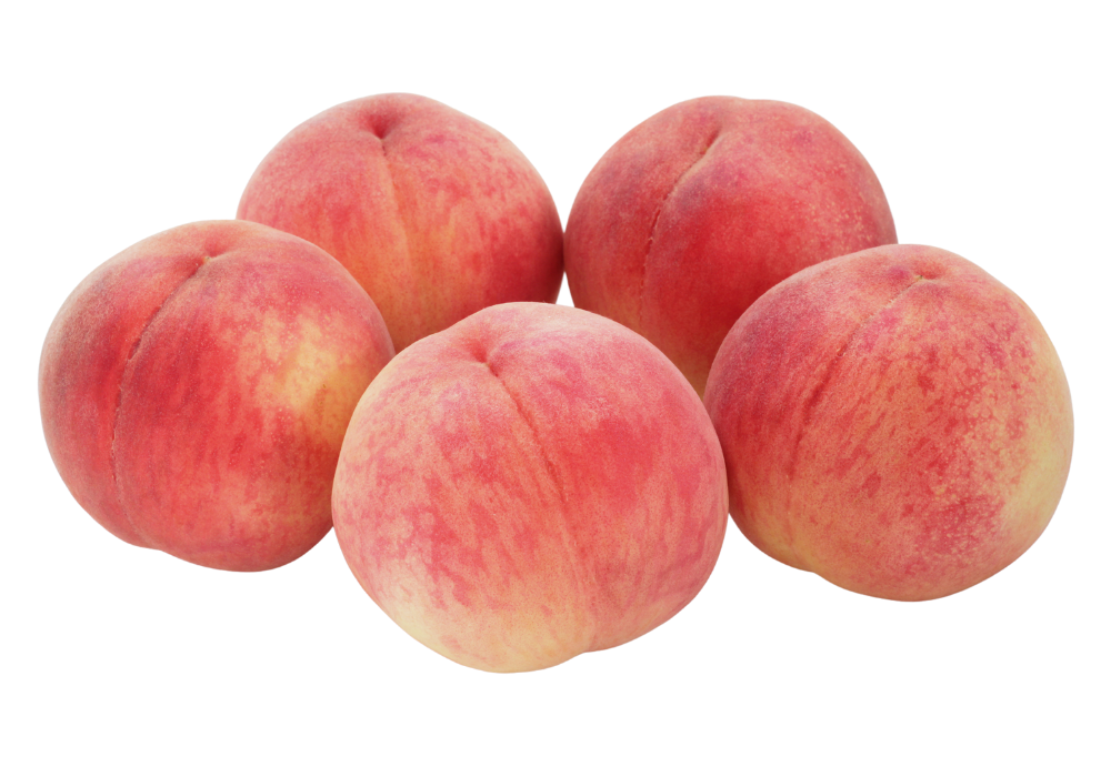 Five ripe peaches with fuzzy skin on a plain white background.