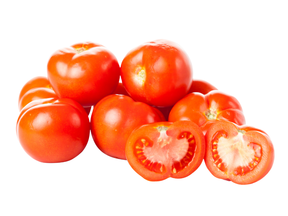 Several ripe red tomatoes, some whole and some sliced in half, arranged on a surface.