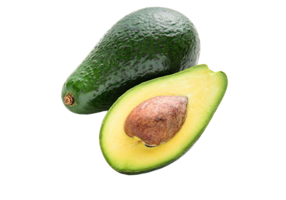 Whole avocado and a half avocado showing the seed