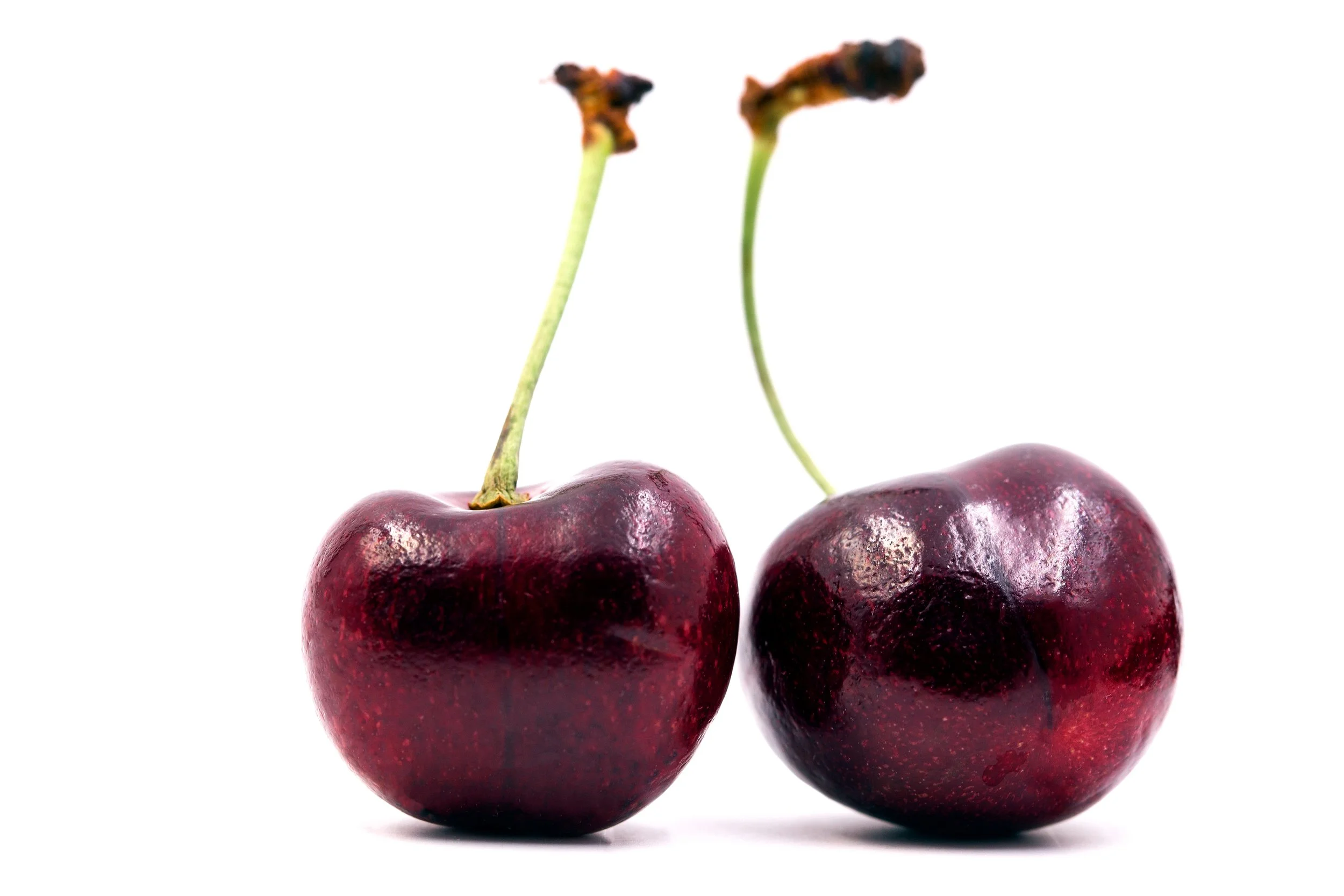 Two dark red cherries with stems, placed on a white background.