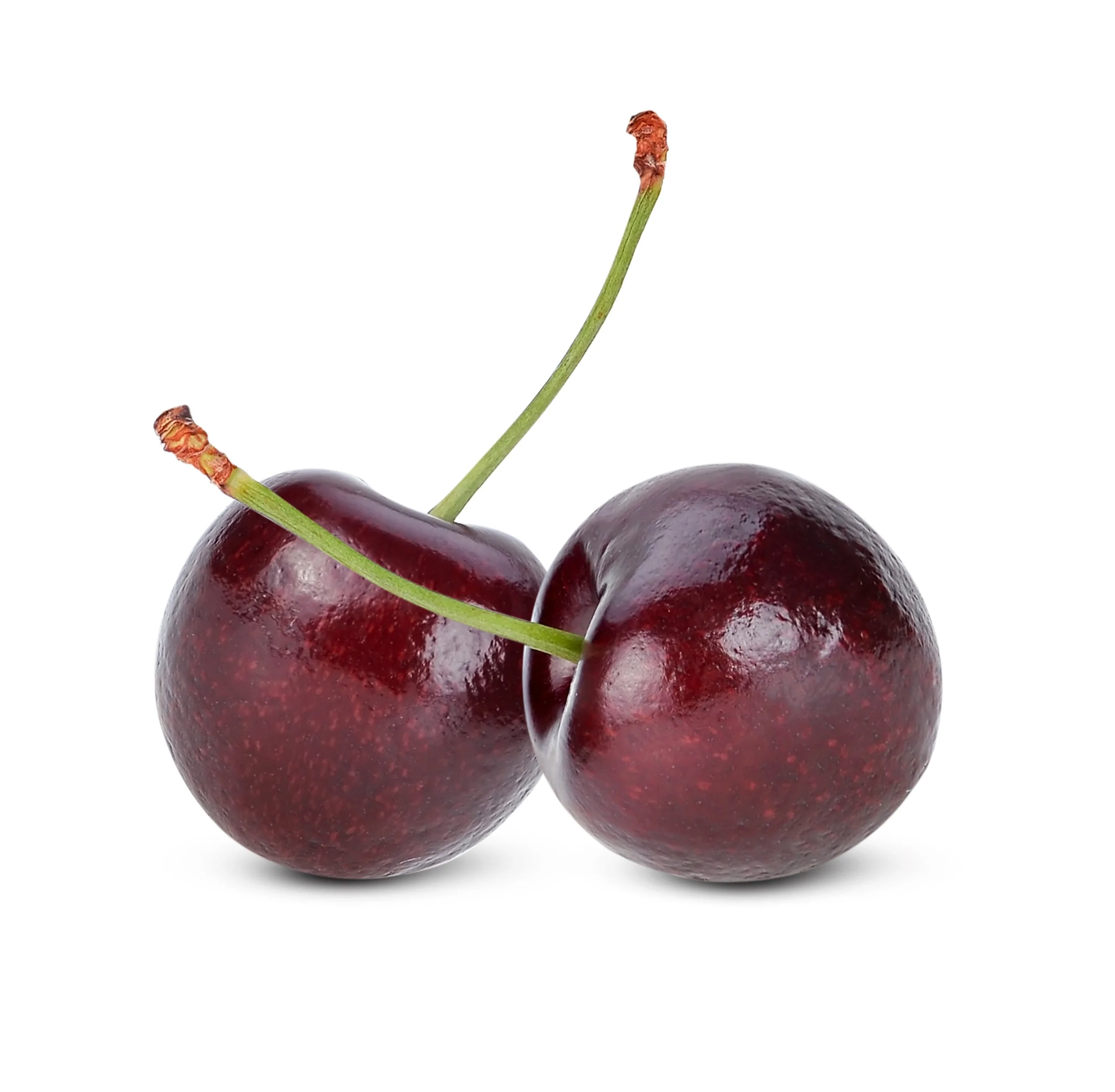 Two ripe cherries with green stems, set against a white background.
