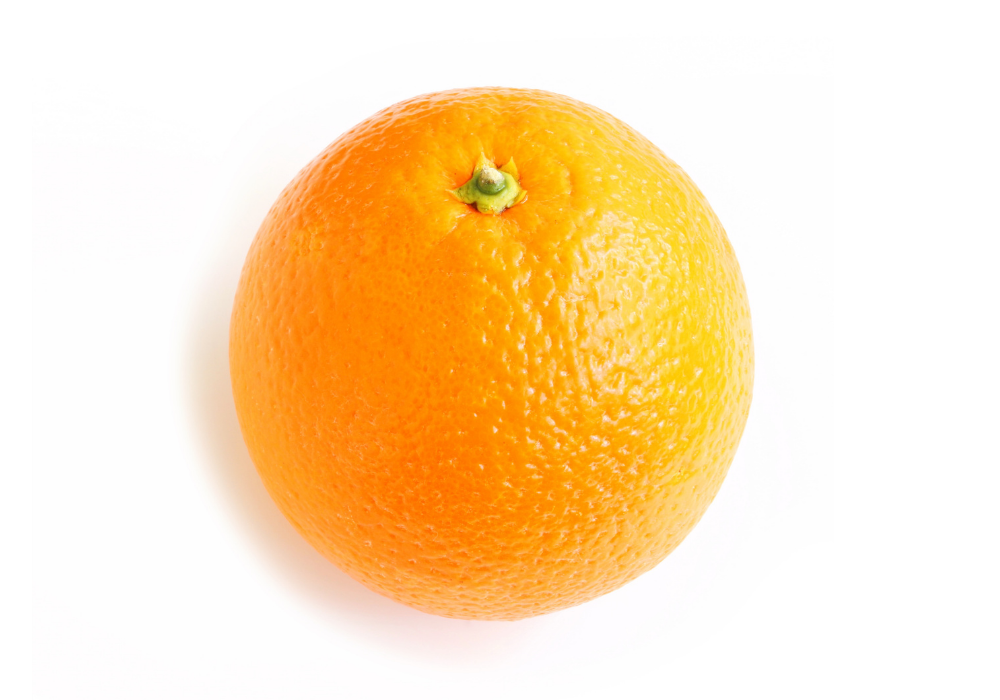 A fresh, whole orange fruit with a vibrant orange color and textured skin, placed against a white background.