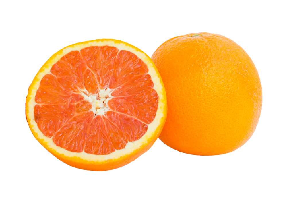 A whole orange and a half orange showing its interior with juicy, segmented flesh.