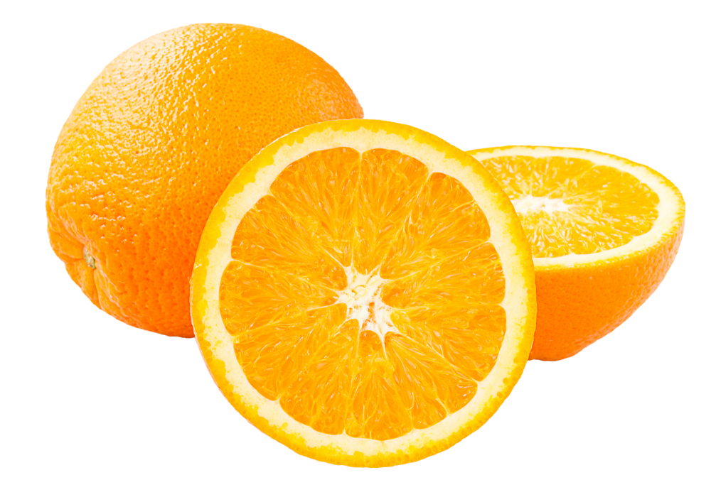 Whole orange fruit, sliced orange, and orange half showing pulp and rind.