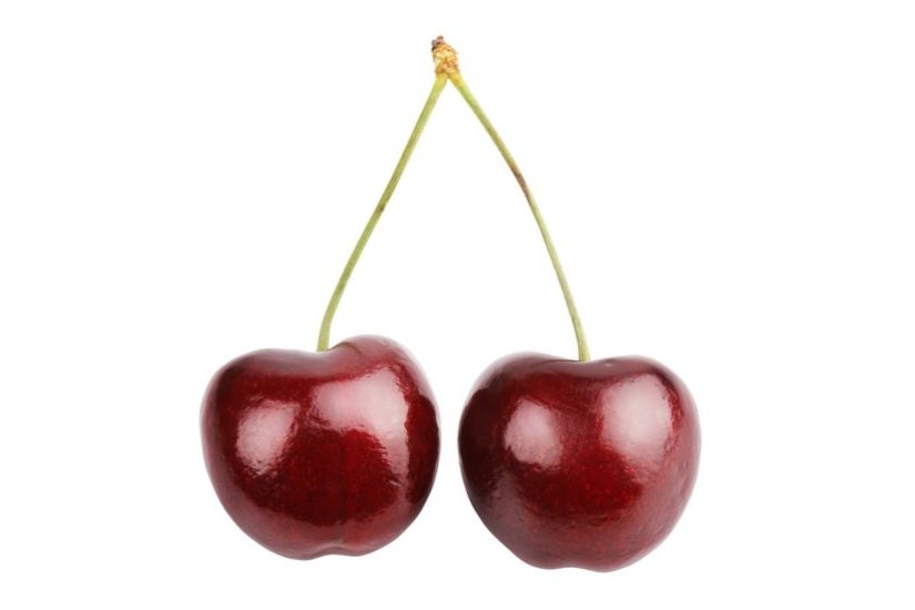 Two red cherries hanging from their stems, isolated on a white background.