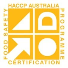 HACCP Australia Food Safety Certification logo with yellow background and white text.