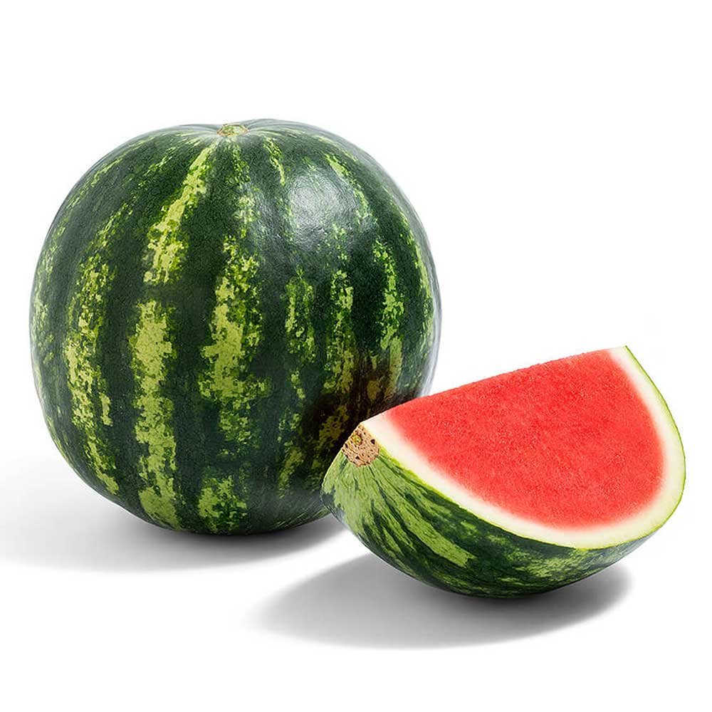 A whole watermelon and a slice of watermelon showing red flesh and green rind on a white background.