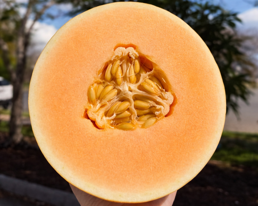 Close-up of a halved cantaloupe melon showing its orange flesh and seed-filled cavity.