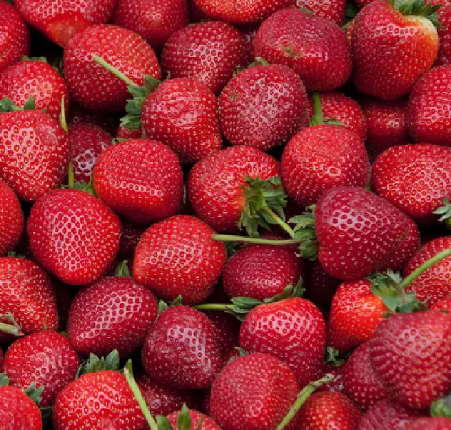 Close-up of fresh red strawberries with green leaves