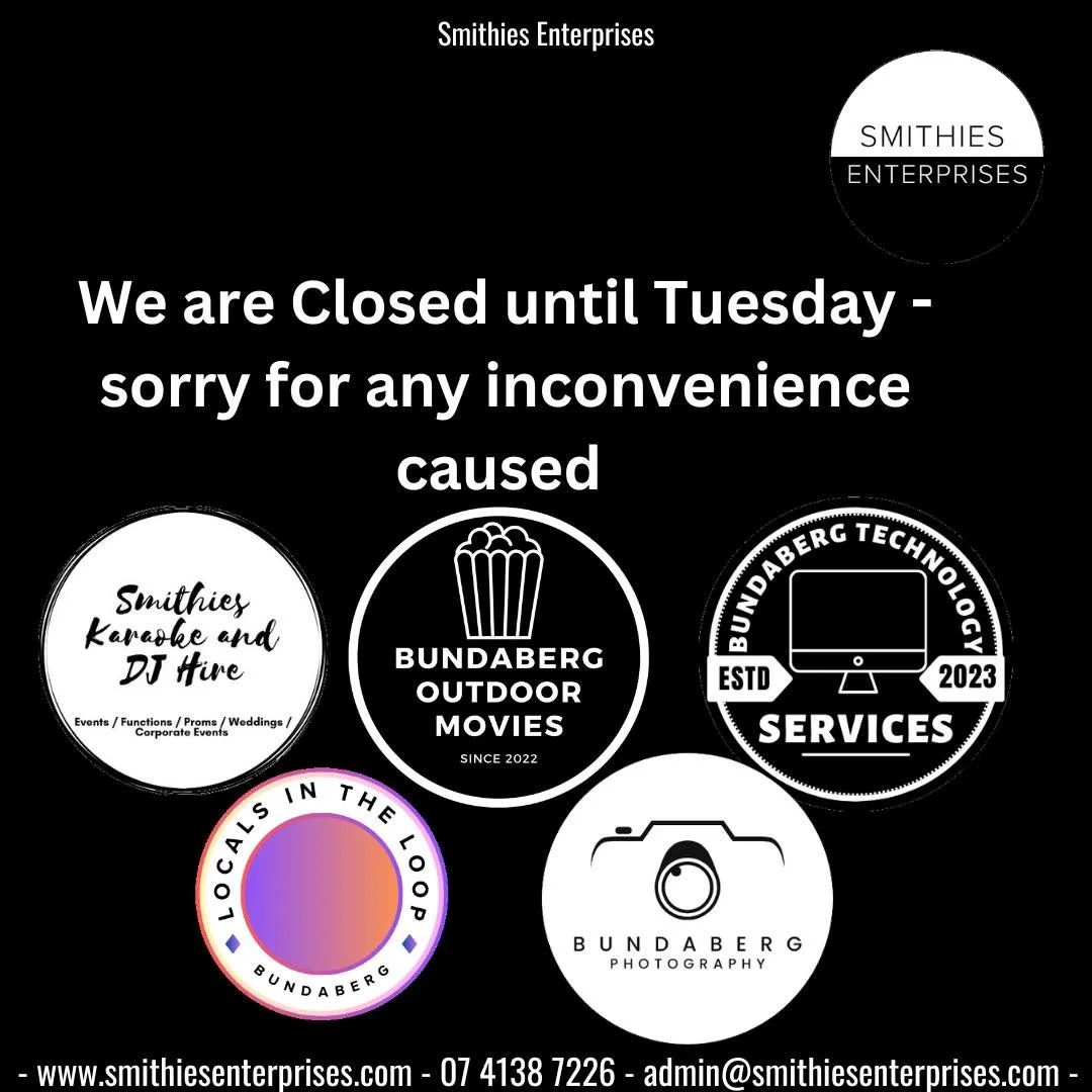 Hi! We are closed from Today until Tuesday - Sorry for any inconvenience caused, please email us if you need anything at hello@smithiesenterprises.com or ring 07 4138 7226 to leave a voicemail