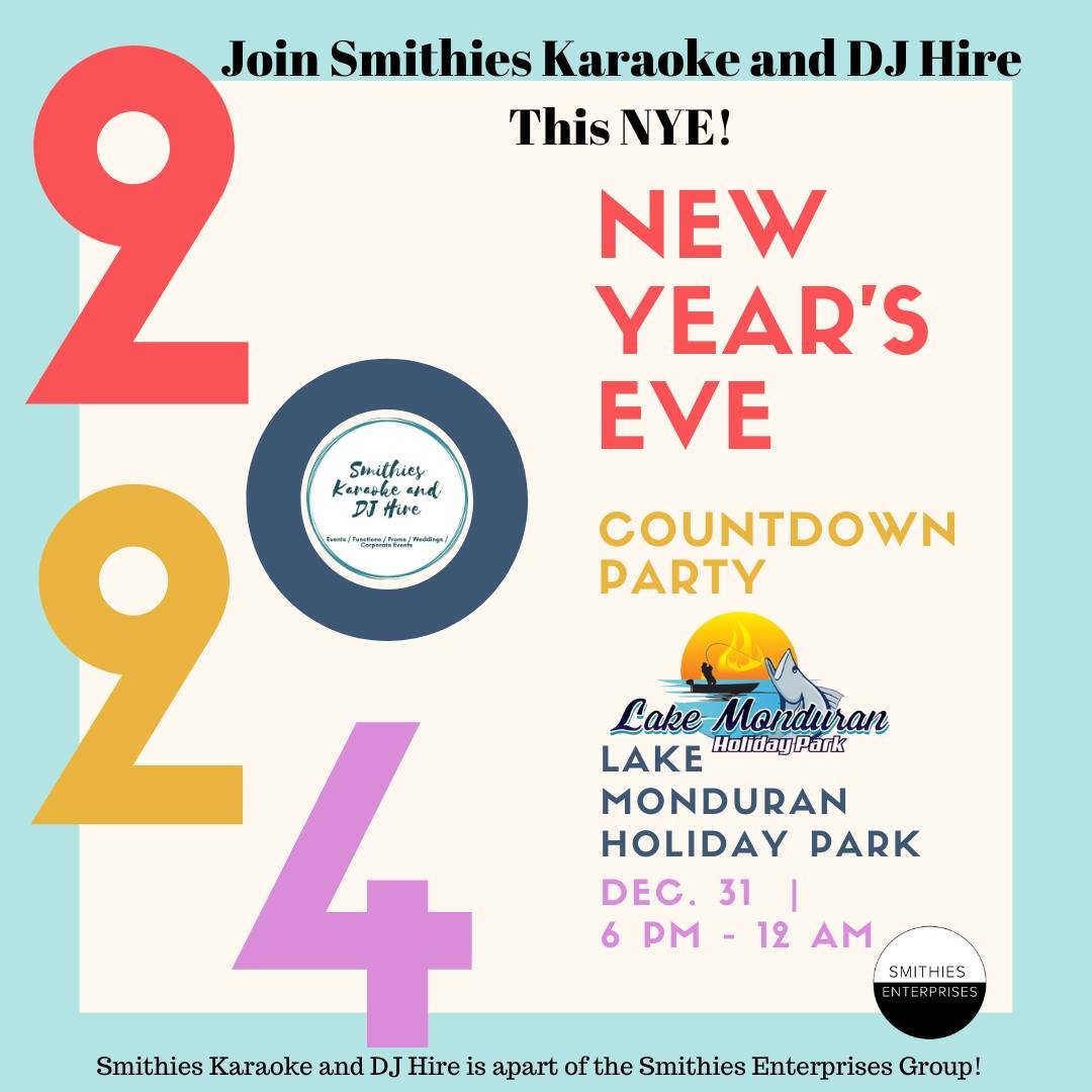 Join @smithieskaraokeanddjhire at @lakemonduranholidaypar.k this New Years Eve! for the 2024 Countdown Party as we welcome in 2025 with ALL your Wonderful Singing Voices 😉

Smithies Karaoke and DJ Hire is apart of the Smithies Enterprises Group