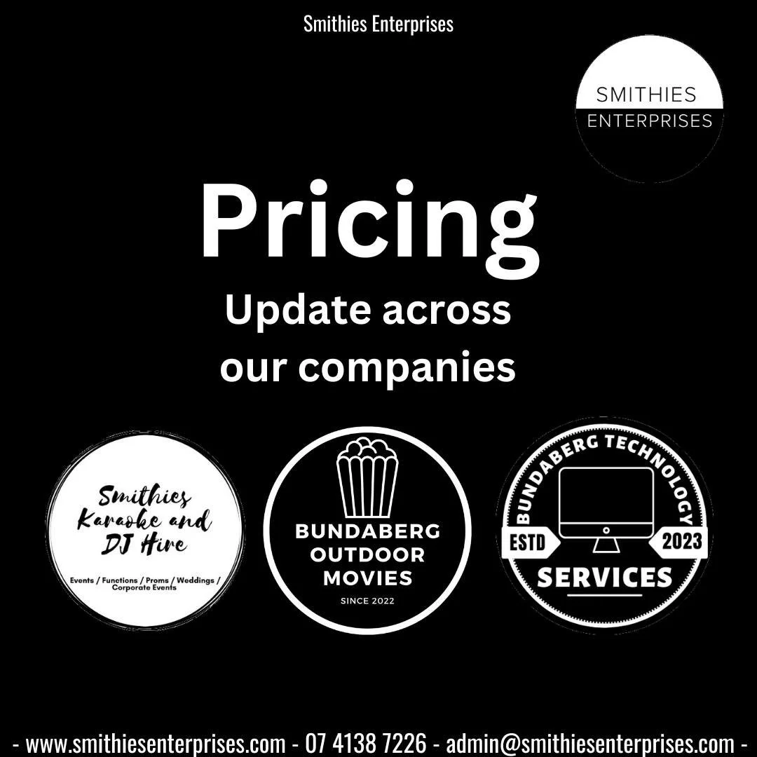 Pricing for Update for all our companies under the Smithies Enterprises Banner - Effective 20th January 2025