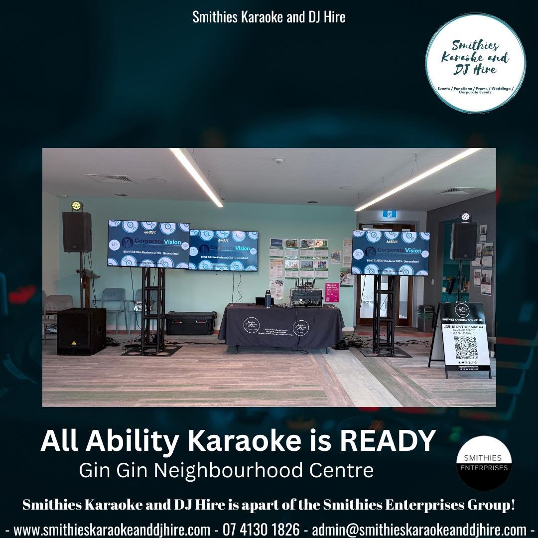 🎤 All Ability Karaoke is Almost Ready to Kick Off! 🎶

We&rsquo;re all set up and getting ready for a fantastic day of All Ability Karaoke at the Gin Gin Neighbourhood Centre!

Our team at Smithies Karaoke and DJ Hire has worked hard to create an in