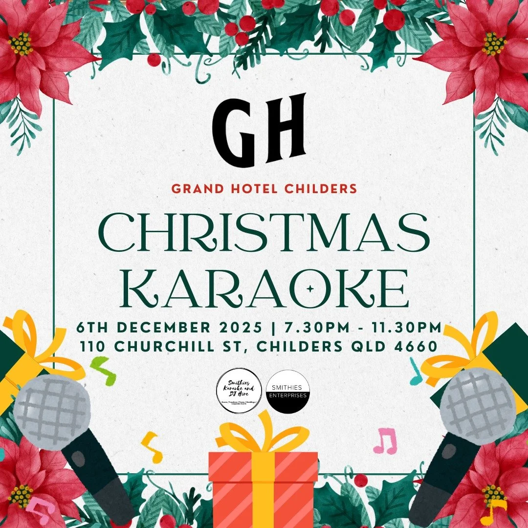 🎄✨ CHRISTMAS KARAOKE AT GRAND HOTEL CHILDERS! ✨🎄

It&rsquo;s that magical time of year again &mdash; and we&rsquo;re turning up the festive fun with a night of Christmas Karaoke! 🎤🎅

📅 Saturday, 6th December 2025
🕢 7:30PM &ndash; 11:30PM
📍 @gr