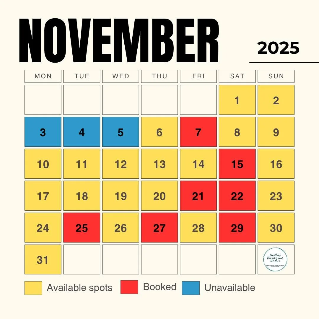 🎶 Smithies Karaoke and DJ Hire &ndash; Availability Update! 🎶

Our November and December calendars are filling up fast &mdash; and we&rsquo;re so excited to be part of so many amazing events this festive season!

📅 November 2025:
✅ Limited availab