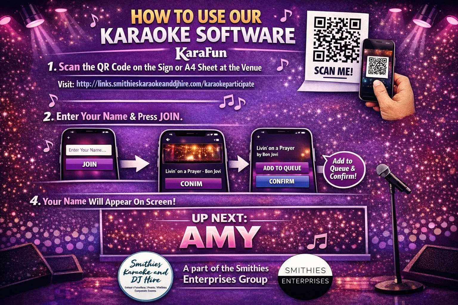 🎤 How to Use Our KaraFun Karaoke Software &ndash; It&rsquo;s Easy!

Want to get your song in the queue fast? Follow these simple steps at your next Smithies Karaoke night:

✅ Scan the QR Code on the sign or A4 sheet at the venue
✅ Enter your name an