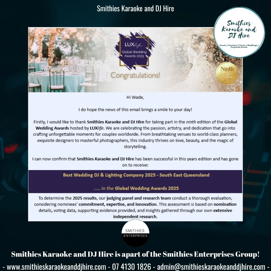 We are proud to announce that one of our brands has received a prestigious award for 2025!

Why not secure your booking with @smithieskaraokeanddjhire today for an exceptional experience?

Repost from @smithieskaraokeanddjhire 

𝐀𝐖𝐀𝐑𝐃𝐒 | 𝐆𝐥𝐨