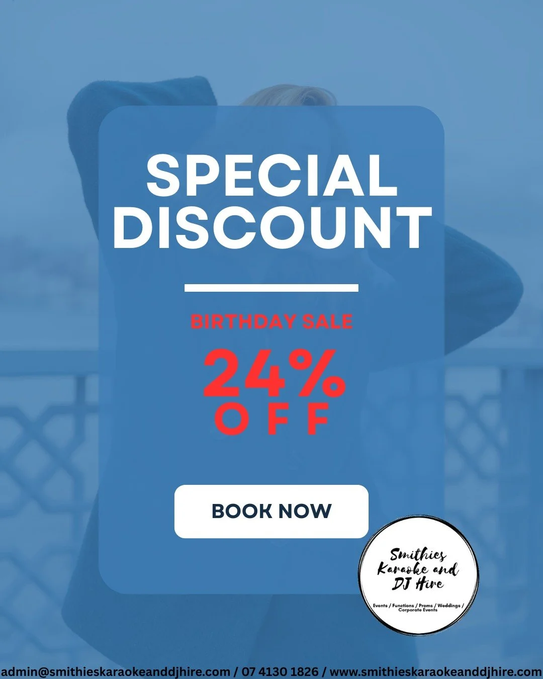 🎉 APRIL BIRTHDAY SALE &ndash; 24% OFF ALL SERVICES 🎉

To celebrate our CEO, Wade Smith, turning 24 this April, we&rsquo;re giving back to our amazing clients and community with a 24% discount across ALL services.

Please note: Smithies Karaoke and 