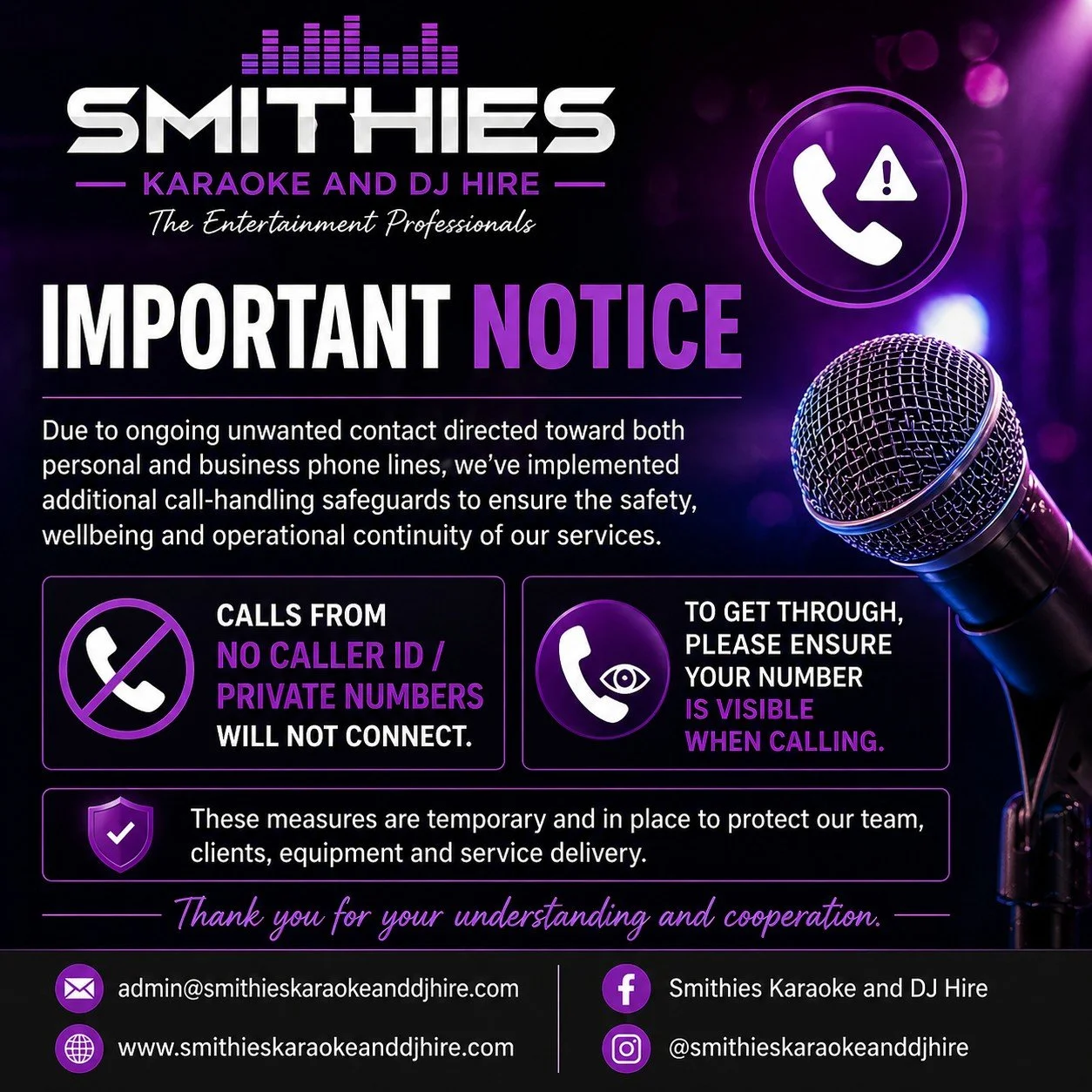 Important Notice 📞

Due to ongoing unwanted contact to both our personal and business phone lines, we&rsquo;ve temporarily updated our phone system for safety and operational reasons.

🚫 Calls from No Caller ID / Private Numbers are now blocked

To
