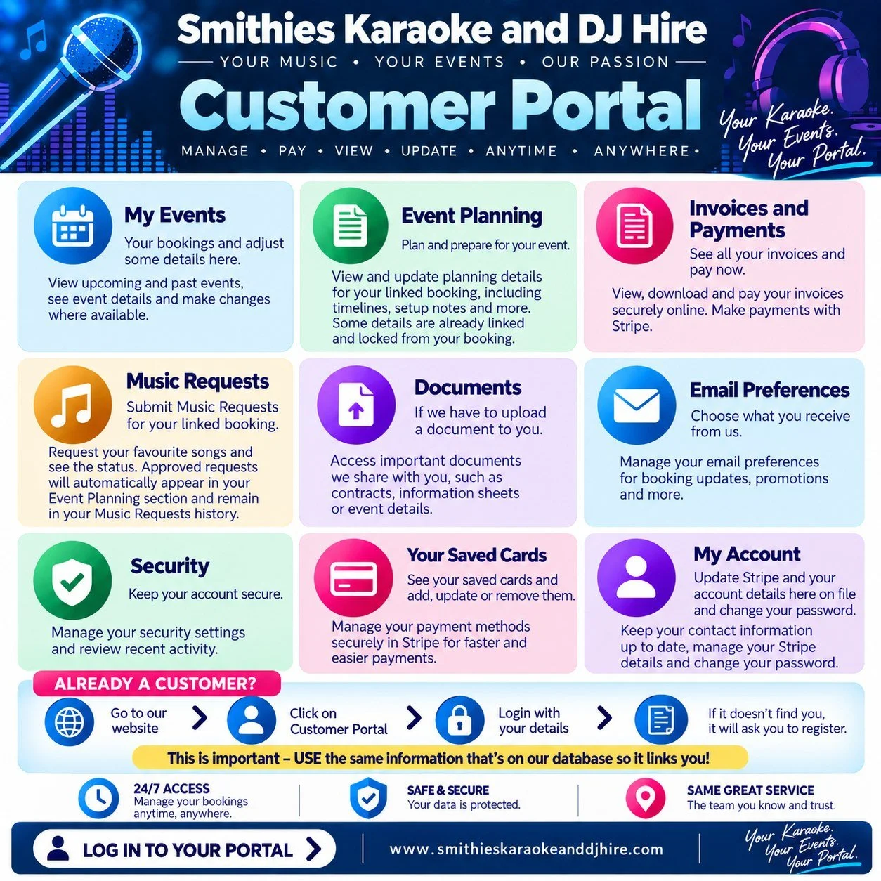 🚨 THE SMITHIES CUSTOMER PORTAL IS NOW LIVE! 🚨

We&rsquo;re excited to introduce the Smithies Karaoke and DJ Hire Customer Portal &mdash; your bookings, payments, music requests and account information all in one place! 🎶💻

With the Customer Porta