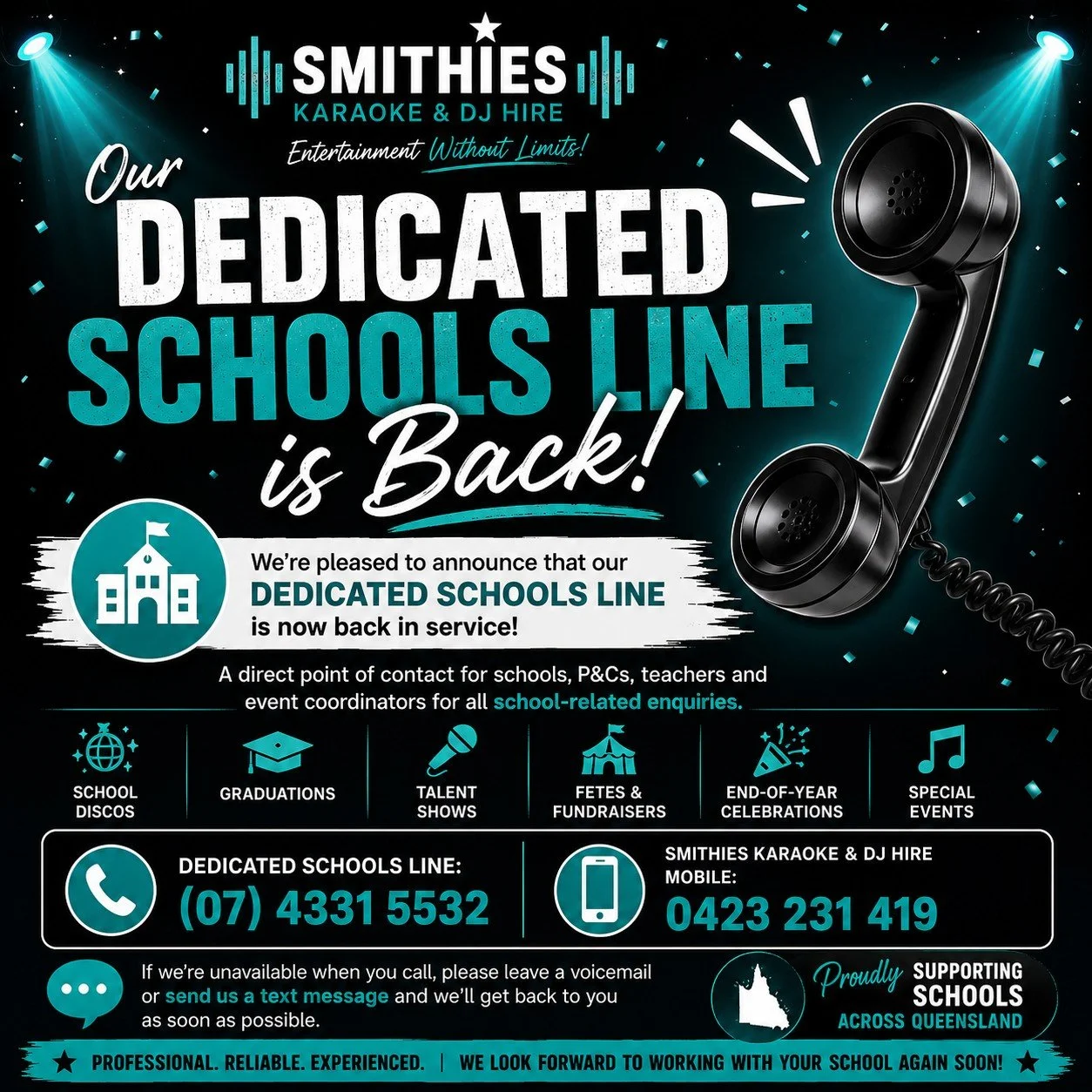 📚🎉 Our Dedicated Schools Line Has Returned! 📞

We're excited to announce that the Smithies Karaoke &amp; DJ Hire Dedicated Schools Line is now back in service!

To better support schools, P&amp;Cs, teachers and event coordinators, we've reintroduc