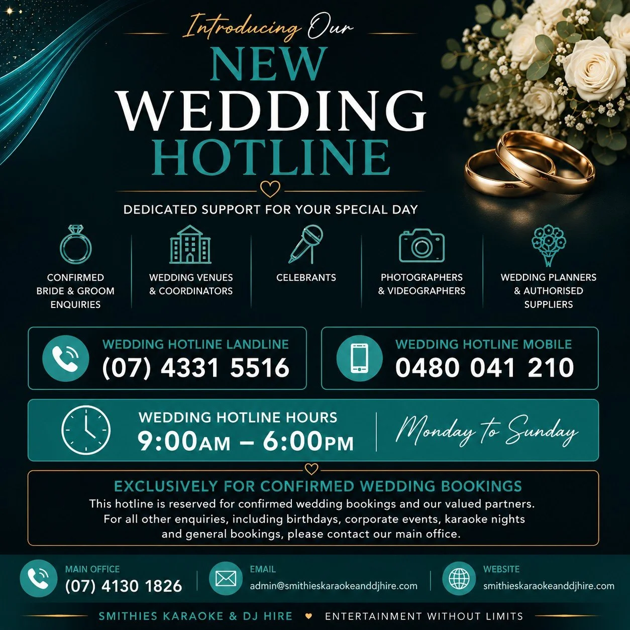 💍 Introducing Our Dedicated Wedding Hotline! 💍

At Smithies Karaoke &amp; DJ Hire, we're always looking for ways to provide an even better experience for our wedding couples and industry partners.

We're excited to announce the launch of our dedica