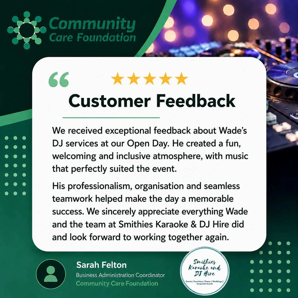 ⭐ Customer Feedback That Means the World to Us! ⭐

We&rsquo;re incredibly grateful to receive such amazing feedback from @communitycarefdn following their recent Open Day.

It was an absolute pleasure providing the entertainment and helping create a 