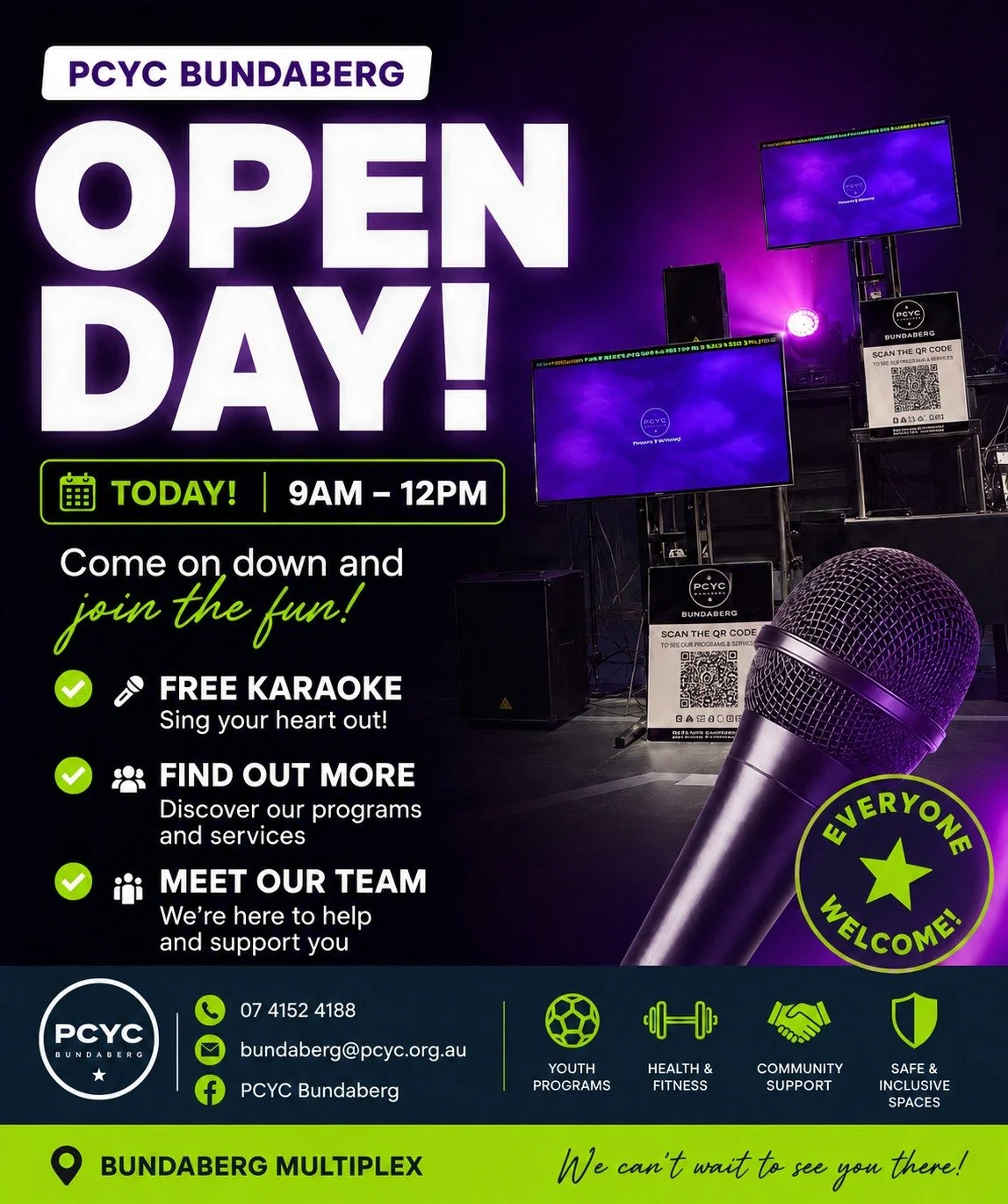 🎉 @pcycbundaberg OPEN DAY is ON TODAY! 🎉

Come on down to the Bundaberg Multiplex between 9:00am and 12:00pm and discover everything PCYC Bundaberg has to offer!

🎤 FREE Karaoke &ndash; Grab the mic and sing your favourite songs!
🤝 Meet the frien