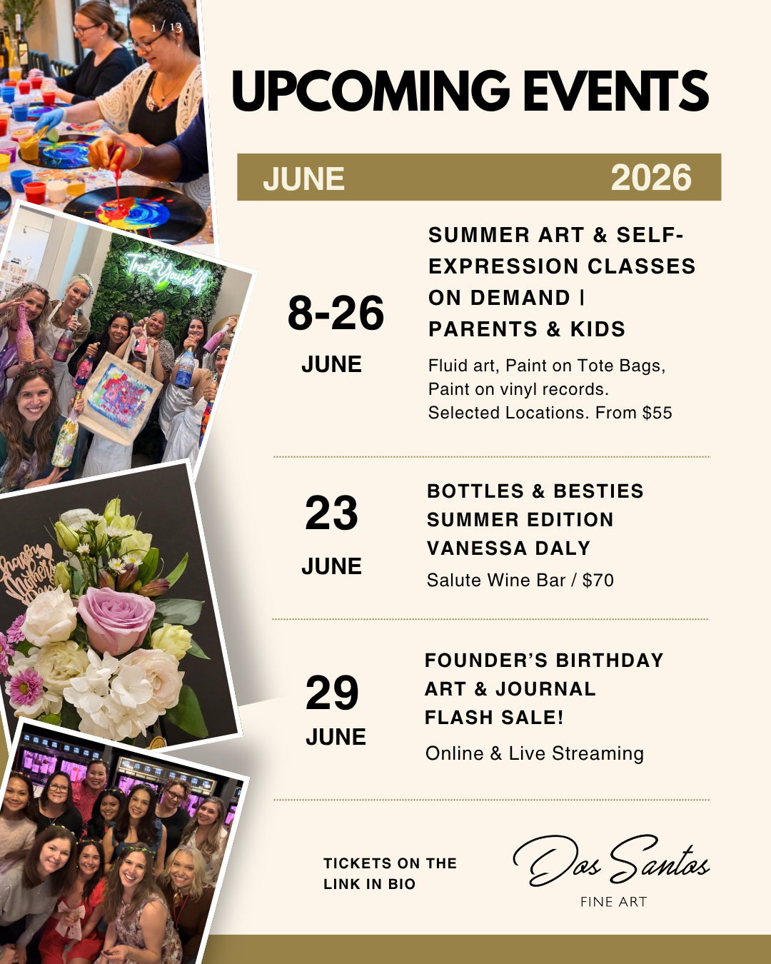 Event schedule for Das Santos Fine Art in June 2026, including art classes, wine bar events, and a birthday sale, with photos of art activities, a group at an art event, a flower bouquet, and a group of people.