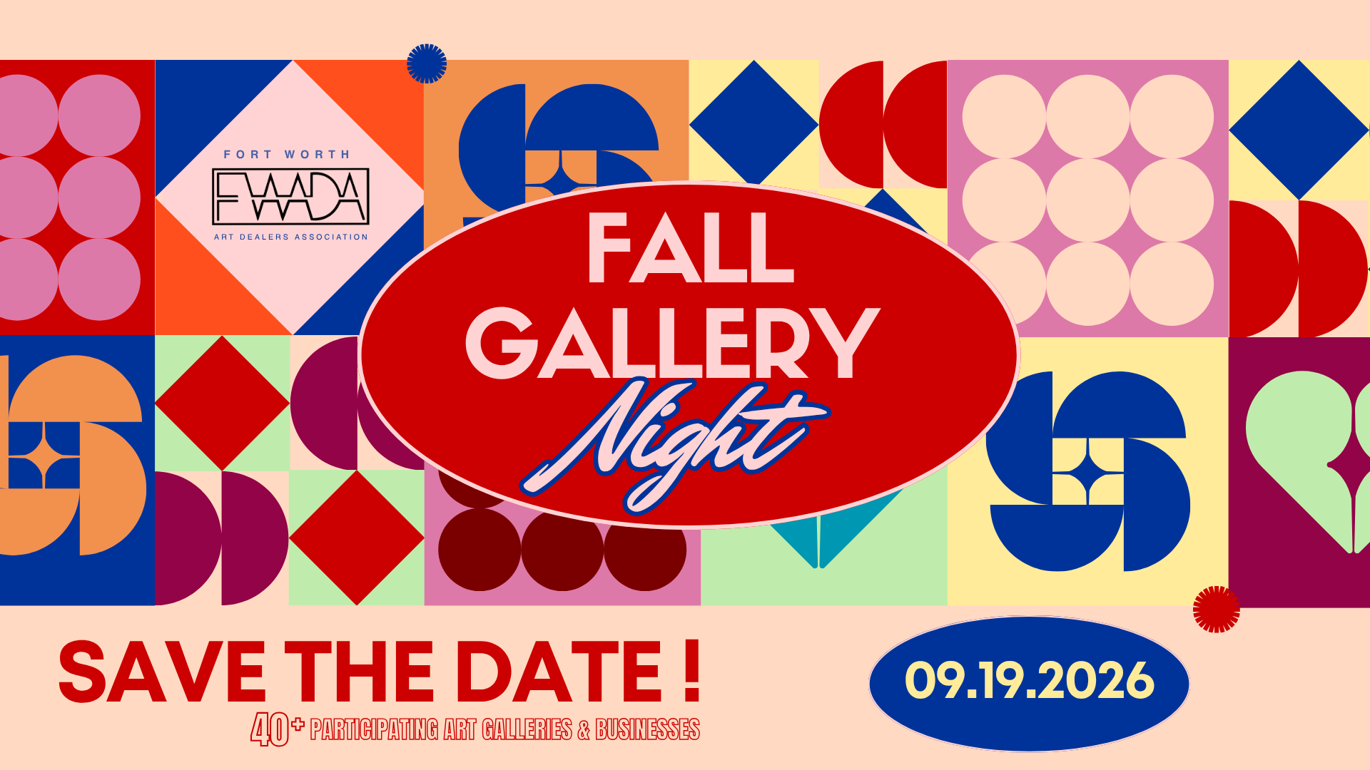 Graphic design for Fall Gallery Night event featuring colorful geometric patterns and shapes, with text announcing the event date as September 19, 2026, and mentioning over 40 participating art galleries and businesses.