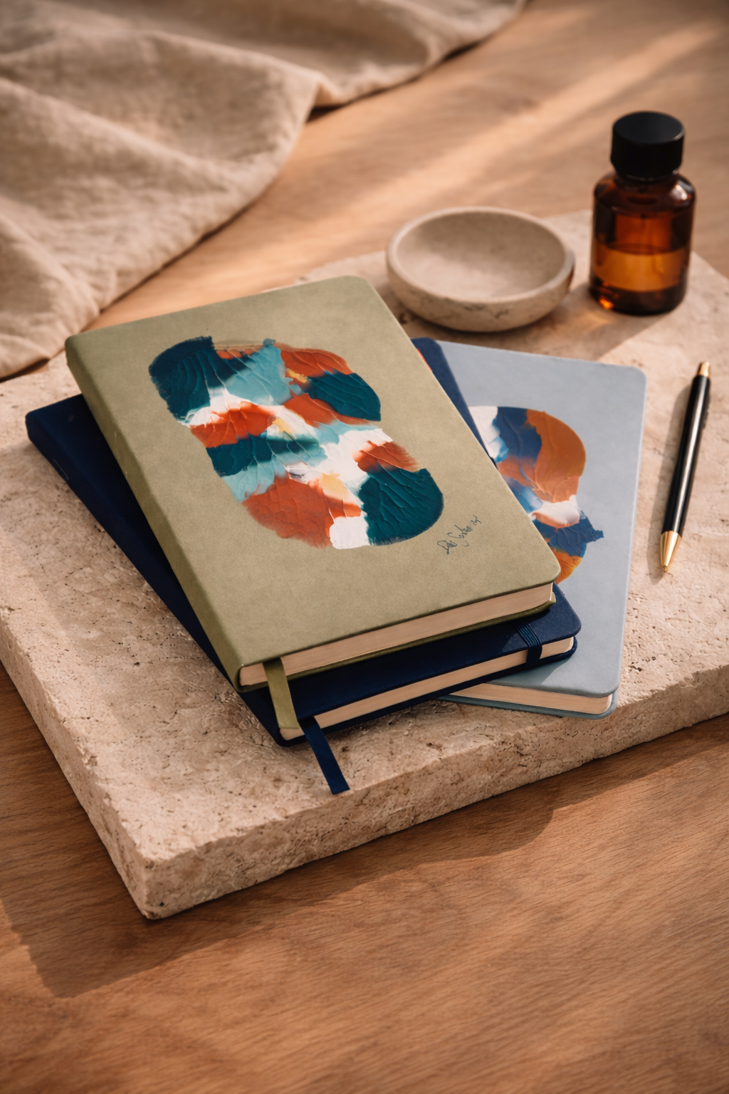 Three journals with abstract, colorful cover art stacked on a stone surface. A pen is placed beside them, with a small empty ceramic bowl and a brown amber glass bottle nearby, on a wooden table with beige cloth in the background. Dear me I am here.