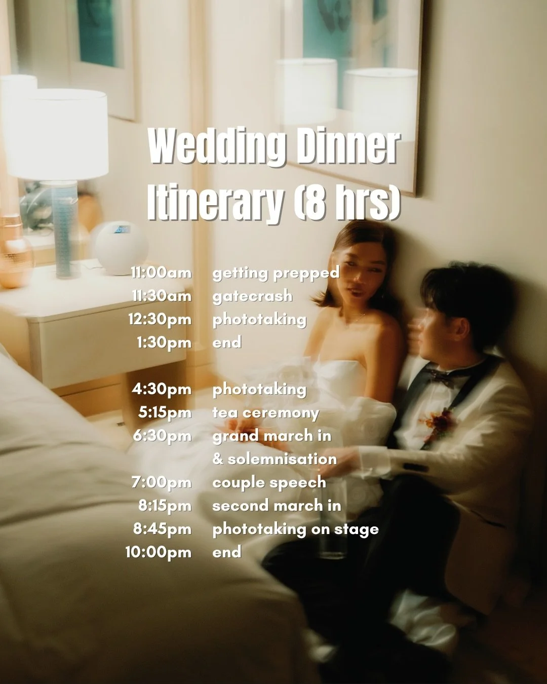 sharing this unique wedding day schedule that we 
had with @wbybion &amp; @twentypies. they had a late start in the morning with mainly just the gate crashing and photos with their entourage. always a bonus when the bride gets to sleep in! 

the main