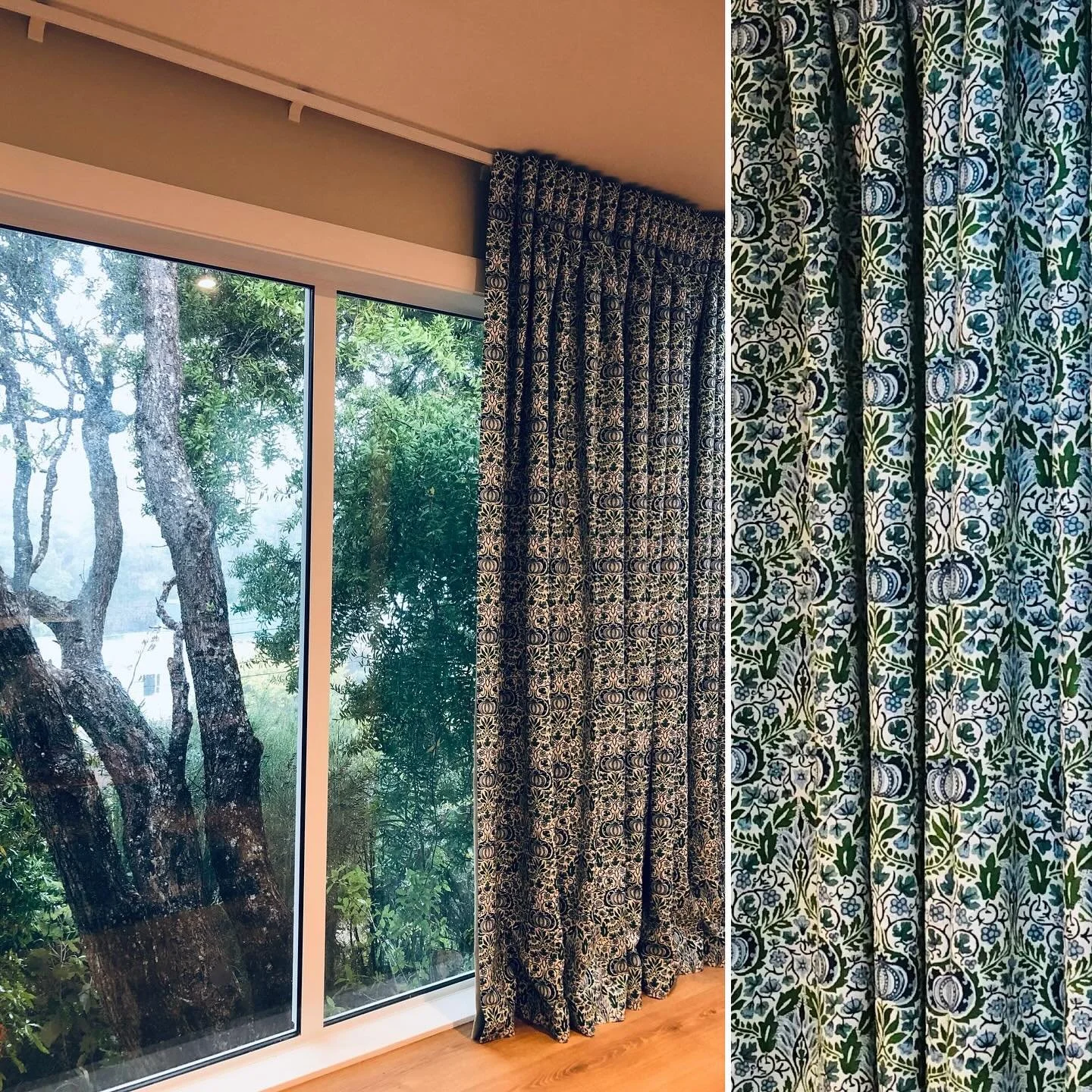Up the ladder for the first curtain installation of the year. William Morris Little Chintz in this tree top setting. Another co-lab with the wonderful Krisy from Shaping Spaces. #williammorris #curtains #curtaindesign