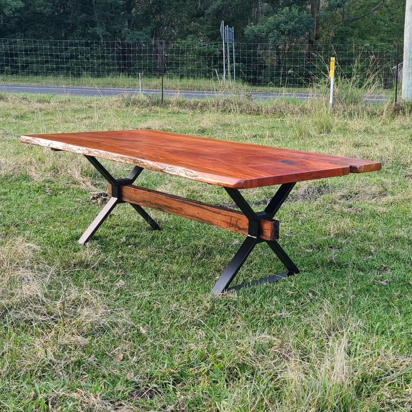Custom Dinning Table in Southern Mahogany with 'Farm House' Legs, featuring Blood Wood Post Brace