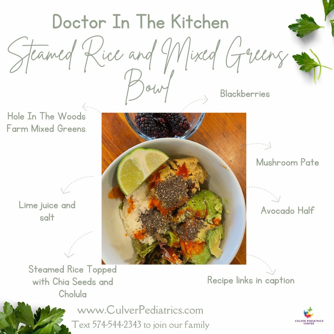 Steamed Rice and Mixed Greens Bowl With Avocado and Mushroom Pate